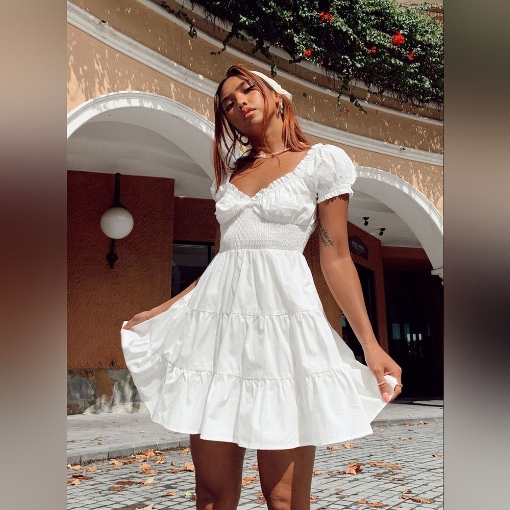 Princess Polly White Daniela Tiered Cotton Fit & Flare Mini Dress 4US